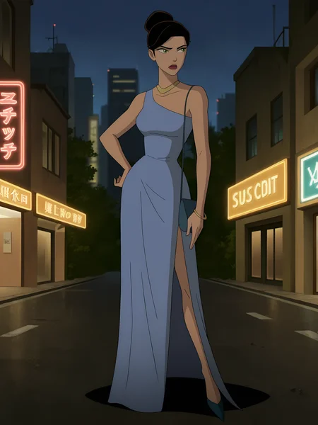 <lora:Rebecca_Holiday:0.8>, rebecca_holiday, 1girl, solo, green eyes, brown hair, hair bun, red lips, gold necklace, blue dress, side slit, evening gown, handbag, high heels, serious, frown, closed mouth, looking to the side, standing, contrapposto, arm at side, hand on own hip, full body, outdoors, night, city, japanese signs, neon lights