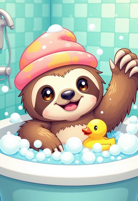 aidmaimageupgrader, a high quality intricate cartoon styled image of an adorable sloth sitting in a full bath, there are lots of bubbles and a yellow rubber duck in the bath, the sloth is wearing a bright coloured shower cap and is holding up a loofah