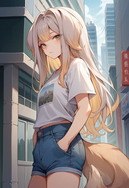 score_9, score_8_up, source_anime, 1girl, solo, RuriShioriha, multicolored eyes, multicolored hair, long hair, animal ears, tail, t-shirt, denim shorts, standing, outdoors, city, hands in pockets, <lora:ChamRuriShiorihaPonyXL:1>