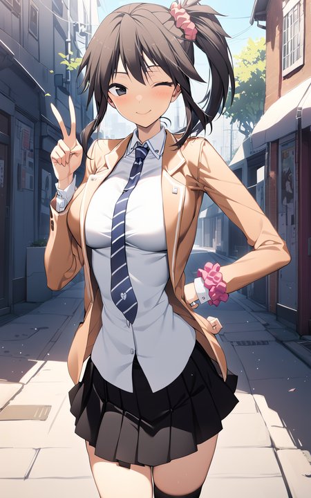 <lora:yuzuri_2_1-000008:1> <lora:aesthetic_anime_v1s:1> 1girl, yuzuri\(memories off 8\), hair scrunchie, kaioka brown blazer school uniform, blue striped necktie, pink wrist scrunchie, black pleated skirt, standing, ponytail, one side up, black eyes, smile, v, wink, looking at viewer, street, day, outdoors, masterpiece, best quality, very aesthetic, absurdres, vivid colors, highres, 4k, intricate detail, cinematic lighting