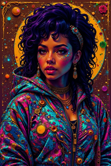 a female rapper, dusk, woman, very intricate, very detailed, sharp, bright, colorful, <lora:Hand v2:0.5> <lora:Anti-Blur:1><lora:Insane Detail Slider:0.25>  <lora:flux.1_lora_flyway_Epic-detail_v2:0.3> <lora:fluxenhancer:0.25><lora:ck-Neon-Retrowave:0.4> ck-rw, in the style of ck-rw,  <lora:Neurocore Anime Cyberpunk:0.8> A digital artwork in the style of cknc