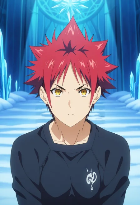 masterpiece, best quality, intricate details, anime screencap, anime coloring, official style, looking at viewer, 1boy, solo, male focus, <lora:souma_yukihira_ilxl:0.98>, souma_yukihira, red hair, yellow eyes, spiked hair, , ice labyrinth, frost patterns, crystal walls, snow drifts, exploring pose, determined expression, filtered light, ,