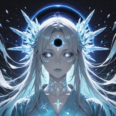 masterpiece,best quality,amazing quality,absurdres, BREAK 
1girl, light blue kimono, floating snowflakes, glowing light blue cracks, starless sky, black hole backdrop, eldritch runes, chains (broken), ice magic, pale skin, colored skin, white skin, glowing blue eyes, floating debris, apocalyptic aura, portrait: symmetrical framing, cosmic horror, anti-gravity hair, white hait, long hair,  reality distortion, forgotten civilization