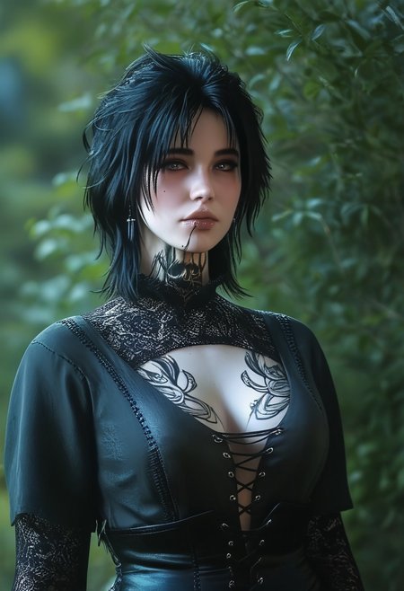 Score_9, score_8_up, score_7_up, 4k, high quality, 1girl, black hair, cross earrings, eyelashes, eyeliner, eyeshadow under eye, facial mark, grey eyes, makeup, messy hair, neck tattoo, pale skin, red eyeshadow, short hair, tattoo, jewelry, chest tattoo, freckles, medium hair, scar, black lips, black dress, center opening, cleavage, black corset, cleavage cutout, fishnets, floral print, goth fashion, ornate clothes, arm tattoo, corset, long sleeves, plunging neckline, big natural breasts, fit, presenting, light skinned, perfect hands, expressionless, 
((full-clothed)),
rating_explicit, expressive, ((upper body)), dynamic pose, action pose, full clothed,
vibrant background, detailed environment, bright lighting, colorful scenery, lush greenery, vivid colors, intricate details, realistic textures, expressive eyes, captivating expression, dynamic and engaging pose, zPDXL3, zPDXLrl