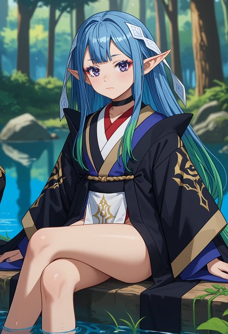 score_9, score_8_up,
<lora:NazeBoku_ReirenXL:0.8>,
1girl, solo, closed mouth,
long hair, multicolored hair, blue hair, green hair, blunt bangs, purple eyes, makeup, poiny ears, hair ornament,
ReirenNBnS, black choker, open robe, black robe, multicolored kimono, pelvic curtain, wide sleeves, sleeves past wrists,
sitting, crossed legs, looking at viewer,
blurry background, outdoors, forest, water