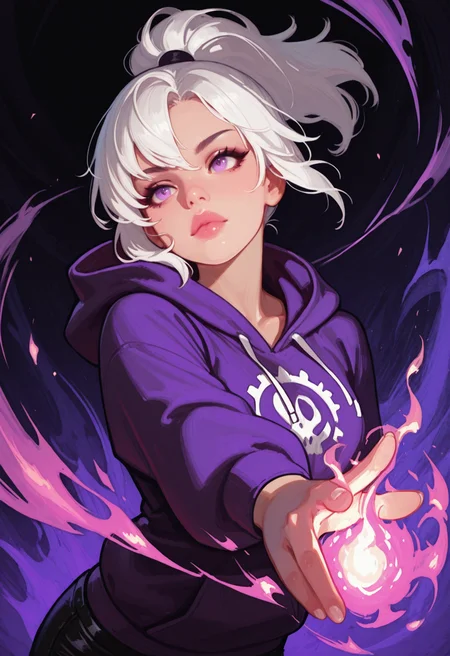 girl, goth, purple hoodie, white hair, ponytail, magic, arkane_dark, purple magic on hands, flames, fire, half body, solo, masterwork, masterpiece, best quality, dynamic lighting , dynamic pose,,  dynamic angle, lips, nose