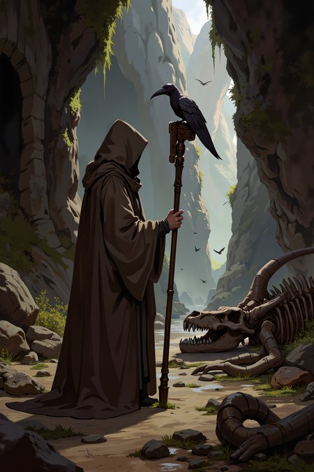 a dark, mystical cave scene. The central figure is a lone, hooded figure standing on the left side of the image, facing right. The figure is dressed in a long, dark brown cloak that covers most of their body, with only their hands and the end of their staff visible. They hold a tall staff with a carved handle, on which a small, dark, bat-like creature is perched. The creature has a long, pointed beak and leathery wings.In the background, the cave walls are rough and jagged, covered in patches of moss and lichen, giving the cave a damp and ancient feel. The floor of the cave is littered with large, skeletal remains of what appear to be animals or possibly dinosaurs, their bones arranged in a somewhat orderly fashion. The cave is filled with dim, diffused light, coming from a distant opening at the back, where a few birds can be seen flying in and out.The overall atmosphere is eerie and mysterious, with the use of dark and muted colors, enhancing the sense of depth and foreboding. The scene is rich in detail, with textures ranging from the smooth stone of the cave walls to the rough, organic appearance of the bones. , detailed background  Fantastic lighting. Detailed shadows.intricate details, vivid colors, hyper-detailed, ultra-sharp, , <lora:XRSTYLE_FLUX:0.5><lora:RetroAnimeFluxV1:0.4><lora:MoriiMee_Gothic_Niji_Style_FLUX:0.3>