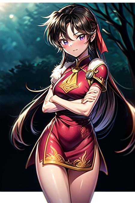 best quality 1girl Setsun4 solo long hair,  (night time) forest background black hair very long hair purple eyes multicolored hair armor, small, (fur trim) (medium body),<lora:EMS-179-EMS:0.800000>,<lora:EMS-293862-EMS:0.800000> bow, hair_bow, hair_tubes, red_bow, brown_hair, long_hair, bangs, ascot, frilled_bow, yellow_ascot, blush, smile, hair_between_eyes, athletic, armor, miko, ,(((intricate outfit,intricate clothes,embroidered outfit,ornate outfit,embroidered clothes,ornate clothes))), strengthmda, crossed arms,