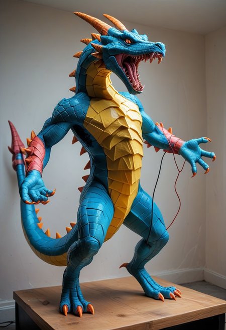 end_tripwire_morph, no humans, spikes, teeth, dragon made out of wire and electrical cables, tail, sharp teeth, claws, open mouth, solo, neon, wires, made of wires, cables, outlined with wires and neon, neon outlines, wire sculpture, neon wire sculpture, PonyXLV6_Scores