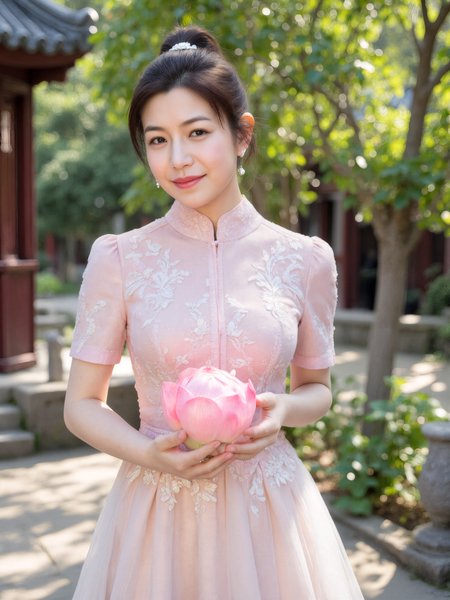 This is a high-resolution, mid-shot photograph of an Asian woman with fair skin and dark hair in an elegant updo, decorated with a small flower. She is standing in a traditional Chinese garden in the early morning. Soft sunlight filters through trees, lighting up dew-covered leaves, stone paths, and classical pavilions.

She is wearing a pastel pink silk cheongsam with short sleeves, a high collar, and detailed floral embroidery. She also wears a flowing white silk skirt. The silk reflects the morning light softly.

She holds a large blooming lotus flower with both hands. She has a gentle smile on her face. The camera is at mid-shot, showing her from the waist up. The composition follows the rule of thirds. The soft lighting highlights the embroidery, silk texture, and the lotus. The scene is peaceful and elegant.