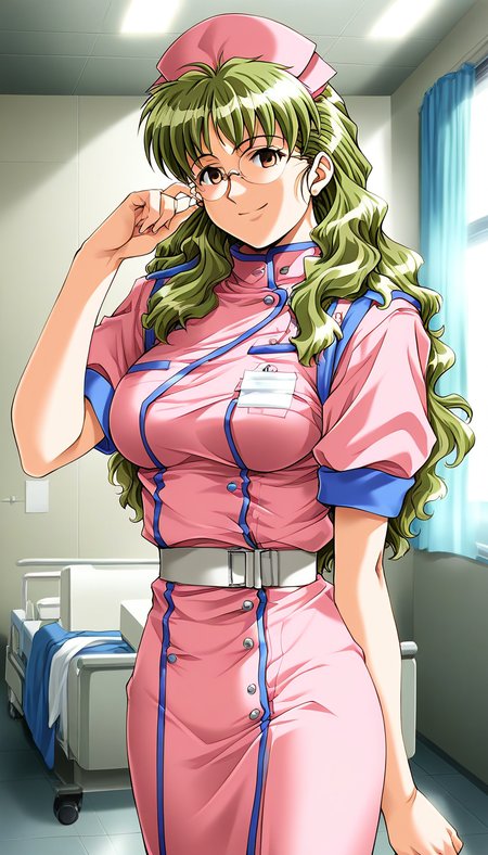score_9, score_8_up, score_7_up, source_anime, rating_explicit, BREAK  <lora:Akimoto_Aoi_XL:1> Akimoto_Aoi, glasses, long hair, light green hair, brown eyes, breasts,
Akimoto_Aoi, 1girl, solo, nurse, hat, nurse cap, uniform, smile, belt, indoors, looking at viewer,
hospital, room,