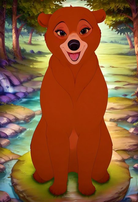 Bear, cartoon, female, Nita, Disney, 2d, detailed forest background, bipedal, full body, <lora:J_cartoon:0.7>, j_cartoon, <lora:MeekoXL:0.9>, Disney, score_9, score_8_up, score_8, solo, (feral), detailed fur, ((happy expression)), ((looking at viewer seductively:1.6)), breathtaking, environmental lighting, professional, highly detailed, ((detailed shaders)), beautiful, high quality, night-time, outdoors, dark forest, <lora:Furtastic_Detailer:1>