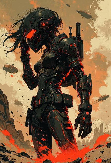 in the style of ck-mgs, nistyle, Inkplash art on rice paper, sepia, henna, Silhouette Art, magnificent, inksplash, closeup portrait, female bounty hunter, flowing black hair, reflective black and neon red armor, futuristic armor, a rifle strapped to her back, holstered pistol, holding hand up to block dust flying in her eyes, abstract background suggesting a harsh desert world, Spaceships flying overhead, dust storm, windy, 
Cowboy Shot, close up,