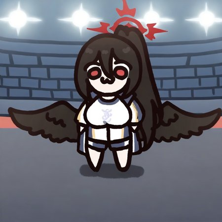 1girl, hasumi \(track\) \(blue archive\), :3, standing, full body, ponytail, large breasts, sports stadium background, <lora:gwezuna:1>