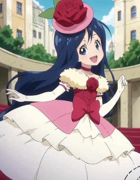 score_9, score_8_up, score_7_up, anime screencap, solo,1girl, oriharatsumugi, gloves, smile, hat, pink headwear, flower, dress, rose,  elbow gloves, choker, open mouth, bow, red flower,  red rose, pink bow,  pantyhose, white gloves, happy, looking at viewer<lora:oriharatsumugi:0.8>