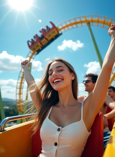 Photograph of a young woman with long blonde hair, wearing a white tank top, sitting on a roller coaster with her arms raised in the air. She has a big smile on her face and appears to be enjoying the ride. In the background, there are other people on the roller coaster, also enjoying the scenery. The sky is blue with a few clouds and the sun is shining brightly. The overall mood of the image is joyful and carefree. <lora:add-detail-xl:.5>  <lora:Flux-style-xl-lora:.5>