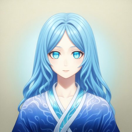 mana_sk style, portrait, focus on face, a serene water priestess girl with long aqua-blue hair flowing like a gentle wave, tranquil sapphire eyes reflecting the ocean, wearing a seashell diadem and a flowing robe with aquatic patterns, soft mist surrounding her, Japanese RPG style, calming and mystical atmosphere, intricate details on her diadem and robe