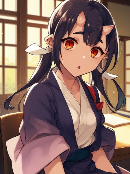 <lora:happy_tentacle-momiji-v0.1-000024:1>, ht_momiji, hair ribbon, small breasts, dress, formal , indoors 1girl, solo, upper body , jitome , ( surprised :1), , looking at viewer , sitting , , score_9, score_8_up, score_7_up, score_6_up, score_5_up, score_4_up