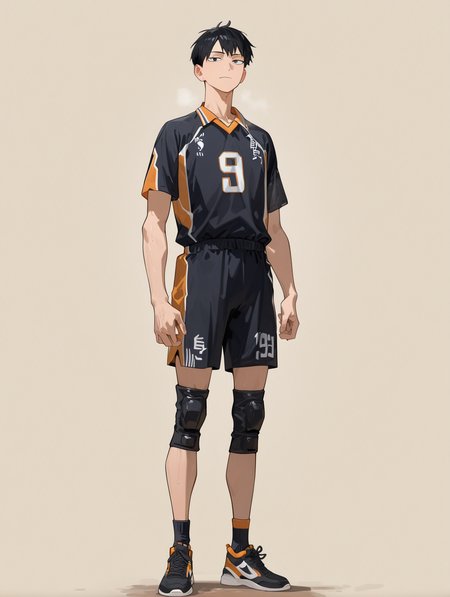 perfect quality,high quality,masterpiece,best quality,amazing quality,very aesthetic,absurdres,newest,
front view,full_shot,Wry smile,
KageyamaTobioCYQL,<lora:KageyamaTobioCYQL:1>,1boy,male focus,solo,black hair,black eyes,volleyball uniform,sportswear,short sleeves,knee pads,shirt,shorts,black shorts,sneakers,shoes,
full body,standing,v_arms,,
brown background,simple background,
EtherStyle,qxys,usnr,748cmstyle,<lora:spo_sdxl_10ep_4k-data_lora_webui:0.6>,<lora:illustrious_all_rated_v1:0.7>,<lora:laser_light_clothes_v0.5-pony:0.5>,<lora:holographiccolor:0.6>,<lora:EtherSDXL:0.8>,