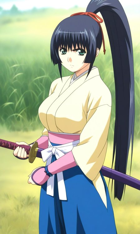 general,highres, ultra-detailed,very aesthetic,best quality ,best hands, BREAK <lora:Kurama-hime_Hininden_Gausu_IS:1>
Kurama-hime(Gausu), 1girl, solo, long hair, ponytail, sidelocks, bangs, blue black hair, hair ribbon, red ribbon, green eyes, medium breasts,
weapon, sword, ribbon, upper body, nature, katana, sheath
japanese clothes, pink arm protector, Yellow kimono, long sleeves, hakama skirt, blue hakama, white sash,
serious,looking at viewer, cowboy_Shot,
natural, grass, day, outdoor,