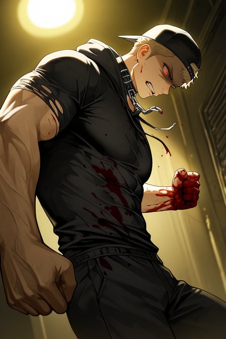 realistic shading, dimlighting, backlighting, yellow theme, male focus, expressive angry face, urektg, shaded eyes, red_urektg_eyes, shaded face, blonde_urektg_short hair, white_urektg_backwards baseball cap, yellow_urektg_earrings, 1boy, glowing eyes, blood on clothes, excessive blood, bloody fist, chain tied (non-sexual), choker collar, hood, torn clothes, muscular male, floating clothes, windy, shadow, night indoors prison, dark environment, foreshortening, from side, from below, dutch angle, dynamic angle, dynamic action, intricately detailed illustration, cinematic, depth of field, atmospheric perspective, masterpiece, best quality, amazing quality, very aesthetic, absurdres, newest