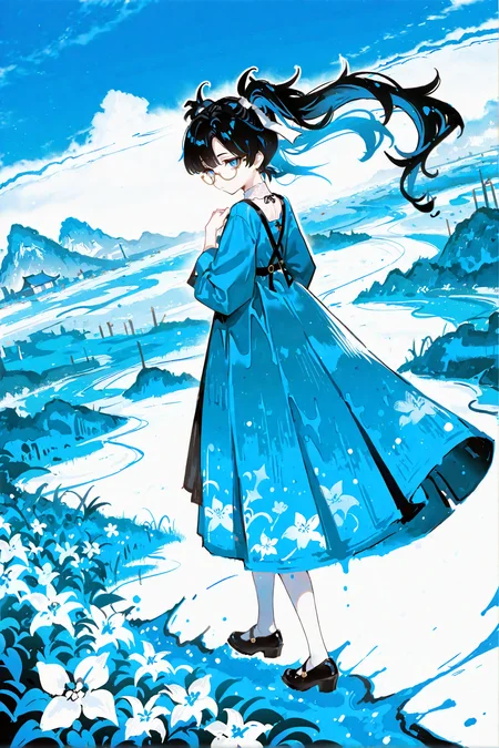 masterpiece,best quality,good quality,very awa,very aesthetic,absurdres,newest,solo,jitome,big eyes,looking at viewer,simple background,1girl,flower,ink and wash,landscape,ink,traditional chinese painting,guofeng,full body,monochrome,looking back,white background,female focus,blue theme,Background Segmentation,Dutch Angle,<lora:ponyv6_noobV1_2_adamW-000017:0.8>,<lora:USNR_STYLE_XL_lokr:0.45>,<lora:mengxuanliart:0.65>,
<lora:zhezhi-ill-Tanger:0.8>,zhezhi,default clothes,white pantyhose,1girl,long hair,black hair,glasses,twintails,dress,black footwear,