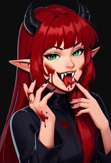 score_9, score_8_up, score_7_up, casual game art style, casual game art, mobile game art, merge 3 game art, character design, casrealart, 1girl, solo, very long hair, red hair, looking at viewer, smug, one eyebrow raised, bangs, green eyes, slit pupils, black horns, open mouth, blood on teeth, fangs, tongue, tongue out, forked tongue, fingernails, black nails, blood on hands, blood on face, blood on tongue, dripping blood, long fingernails, sharp fingernails, pointy ears, (single hand up, licking own finger), black regal dress, portrait, simple background, black background