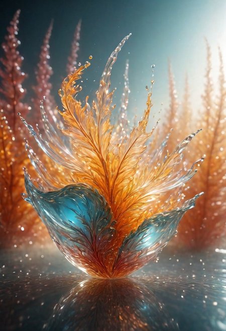 An abstract shape, amazingly fluid, made of glass, detailed, 3d fractals, light particles, water drops, shimmering light, surreal, ink, smooth, shimmering, glow, cinematice contrast, Glow, backlight 
16k