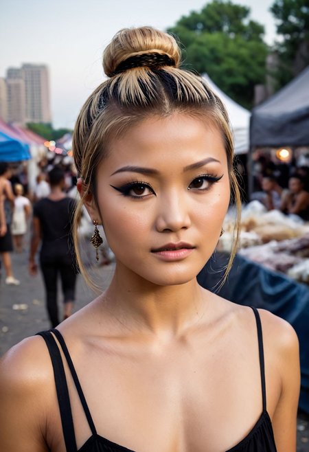 Kelly Hu, Petite, asian, darkskin,blonde hair,  18 year old Chinese woman, flat chested, earrings, eye liner, tattoos, double bun, 4k, very detailed, 80sgirlpearl, Scarlett, eyeliner, ((blonde hair)),  BREAK,  solo, goth girl, 18 year old,, (flat chest:1.3), cinematic film still 1woman facing viewer walking a busy homeless tent city sidewalk on a hot summer day, , garbage and broken glass on the ground, shallow depth of field, vignette, highly detailed, high budget, bokeh, cinemascope, moody, epic, gorgeous, film grain, grainy, debris-filled , masterpiece, best quality, Night Market, conysv3-1400