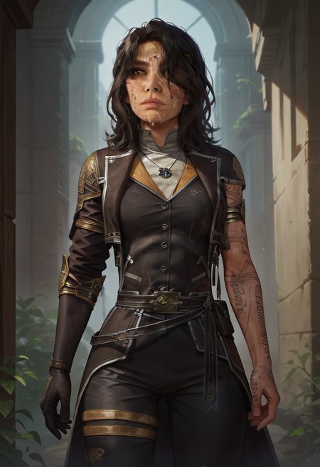 score_9, score_8_up, score_7_up,((masterpiece)), sharp focus, 1girl,solo, (lune, black hair, brown eyes, gold arm tattoo, gold leg tattoo, black facial tattoo, (tattoo writing over left eye:1.1):1.2), (armor, clair obscur expedition 33, pants, single arm glove:1.2), perfect face, hd quality, high quality, detailing face, detailing body, deatiled apartament, abounded house, front view, dirt on face, hand up, standing, sunlights on hair, back view