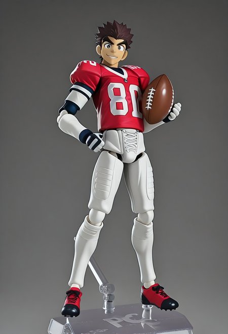 figma, figure anime style, PVC, Yaoi figure PVC, PVC boy, PVC texture, male, High Quality, perfect anatomy, HD, anime style, break
TAROU RAIMON, 1boy, solo, plastic skin, plastic texture, plastic figure,  alone, brown hair,  thick eyebrows, dark brown eyes, athletic build, smiling, posing, looking at viewer, football uniform, tight uniform, red and white uniform,