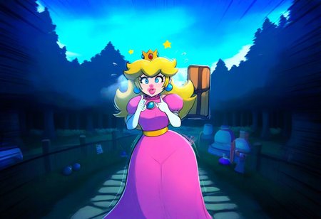 score_9,score_8_up,score_7_up,score_6_up,score_5_up,1girl, (princess_peach),mario_(series),(blonde_hair),blue_eyes,thick lips,glowing eyes,(wide hips),(thick thighs),curvy,happy,(blush stickers),tongue,pink dress,puffy shoulders,flower accesories, gold crown,gold belt,(long hair),(hand sign),white gloves,hair acccessories,holding wooden hammer,Jed-StickyN,belt,bullet belt,potion bottles,(bomb:1.4),lace pink dress,one-piece dress, long skirt,(gun case),CHRC4ND7,(forest),dress made of paper,(jewelry made of candies),(weapons made of paper),thick lips, wooden hut in the background,armory near forest,stone path, (motion lines:1.4),(trembling lines:1.4),(steamy breath),(flying sweatdrops:1.4),(clouds,stone bridge,statues made of paper), deep background,bracalet,gold necklace,mole,(??:1.4),origami, masterpiece,best quality,newest,absurdres,best shadow,light particles,4k,highly detailed background,amazing quality,very detailed clothes,highly detailed skin,wooden fence,umbrella, emphasis lines,very aesthetic,dynamic angle,high quality,gun, best shadows,spoken star,elbow gloves,<lora:add-detail-xl:2>