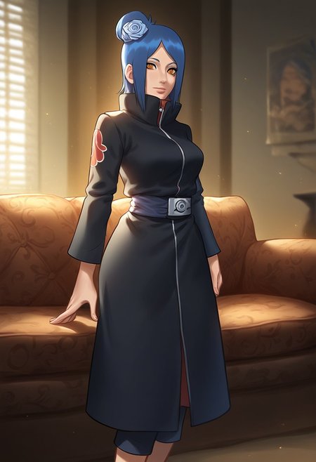 (score_9, score_8_up, score_7_up), 1girl, young adult, ( Konan, from Naruto anime), medium breasts, slim fit, small waist, sexy
KonanNSHXL, makeup, orange eyes, blue hair, short hair, single hair bun, hair flower, medium breasts, high collar, black coat, coat with cloud print, long sleeves, pants, sandals
Ninja house, home, room, sofa, cozy, glossy, pretty girl, focus on girl, aesthetic,