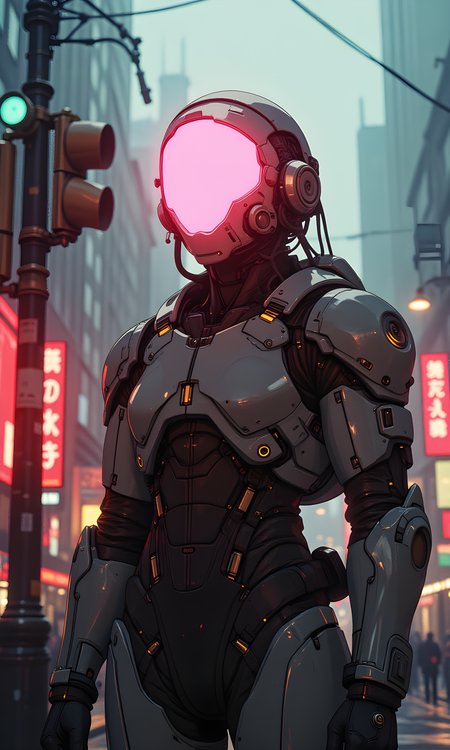 The subject is a person wearing a futuristic, high-tech suit with a helmet that features a glowing pink screen. The individual appears to be standing in an urban environment, possibly waiting or observing something. 
The face of the subject is obscured by the helmet's glowing pink screen, making it impossible to discern any facial expression. The screen adds an element of mystery and anonymity to the figure. 
The subject is standing upright with their body slightly angled towards the camera. Their arms are relaxed at their sides, suggesting a calm and composed stance. The posture conveys a sense of readiness or anticipation. 
The subject is dressed in a bulky, metallic-looking suit that resembles a spacesuit or advanced protective gear. The suit has various panels, straps, and what appear to be functional components, indicating a high level of technology. The helmet is integrated into the suit, with cables and connectors visible, emphasizing the futuristic design. 
The camera is positioned at eye level, capturing the subject from a medium distance. This angle allows for a clear view of the subject's upper body and helmet while still including part of the background. The framing centers the subject, drawing immediate attention to the glowing screen on the helmet. 
The lighting in the image is diffused and somewhat hazy, creating a soft glow around the subject. The pink light from the helmet screen stands out against the muted tones of the background. There are no harsh shadows, and the overall illumination is even, contributing to the ethereal atmosphere. 
The background depicts an urban setting with blurred elements such as street signs, traffic lights, and buildings. The scene has a foggy or misty quality, which adds to the mysterious and otherworldly feel of the image. The red neon sign in the background provides a pop of color and suggests a futuristic or dystopian environment. 
The composition is balanced, with the subject placed centrally in the frame. The vertical lines of the street signs and poles create a sense of depth and structure. The contrast between the glowing pink screen and the muted background further emphasizes the subject, making them the focal point of the image. The overall composition evokes a sense of intrigue and futurism. 
BREAK anime, d13s3lp2nk, bboil artist style, OBdonman, Anime art, <lora:FLUX\Anime Art V3:0.2>, <lora:FLUX\Synesthesia:0.2>, <lora:FLUX\RetroAnimeS1.1:0.5>, <lora:FLUX\Flux-jijia:0.1>, <lora:FLUX\It's a LoRA for portraits, BUT! actually specialized in backgrounds. v1.0:0.1>, <lora:FLUX\GLSHS:0.2>, <lora:FLUX\Dieselpunk Delight - s0_9 g4:0.4>, <lora:FLUX\OBdonman, anime0style portrait:0.1>