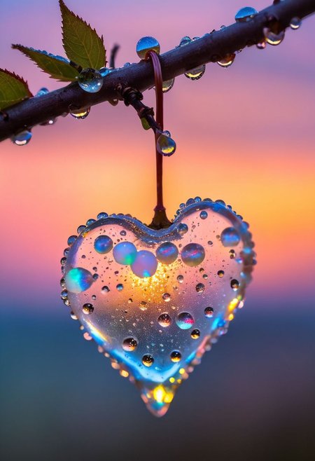 a delicate cherry made of opal hung on branch  in the early dusk light, adorned with glistening dewdrops. in the background beautiful see, divine iridescent glowing, opalescent textures, volumetric light, ethereal, sparkling, light inside body, bioluminescence, studio photo, highly detailed, sharp focus