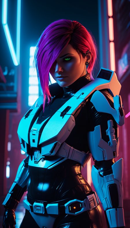 cinematic photo rvb agent Carolina, (reimagined in a cyberpunk universe), (cyberpunk style), (cyberpunk outfit), (punk hair), augmentation, (cyberpunk), cybernetics, glowing neon lights, cinematic scene, hero view, action pose, beautiful 8k, detailed background, masterpiece, best quality, high quality, absurdres, vivid  <lora:agent_carolina_xl_v1:1> . 35mm photograph, film, bokeh, professional, 4k, highly detailed