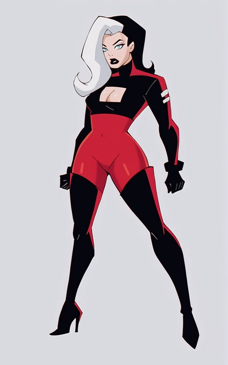score_9, score_8_up, score_7_up,((best quality)), absurdres, ((full body)), <lora:BolivanteStyle:0.8>, <lora:LBBPXL:0.8>,LBBPXL,split-color hair, red bodysuit, black bodysuit, black hair,long hair,thighhighs, gloves, cleavage, white hair, multicolored hair, boots, high heels, two-tone hair, clothing cutout, bodysuit,makeup, thigh boots, cleavage cutout, lipstick, high heel boots, black lips, white background, long sleeves, black sleeves, blue eyes