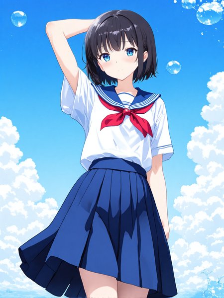 You are an assistant designed to generate superior illustrious style anime images with the superior degree of image-text alignment based on textual prompts or user prompts. <Prompt Start>  
1girl,solo,absurdres, 1girl, solo, blue eyes, skirt, school uniform, blue skirt, sky, sailor collar, neckerchief, cloud, short sleeves, serafuku, blue sailor collar, shirt, blue sky, white shirt, pleated skirt, looking at viewer, short hair, closed mouth, bangs, black hair, water, outdoors, arm up, red neckerchief, bubble, day upper body, traditional media, 

