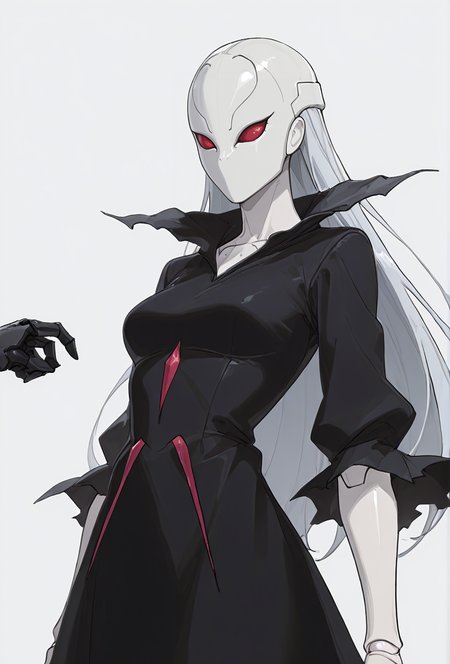 Smooth Quality,masterpiece,very intricate, high quality details, ultra realistic, high detailed skin,detailed enviorement,absurdres,
simple background, white background, 
sway back,horrified,
 <lora:Berettacnn:0.8>  beretacnn,.1girl, long hair,red eyes, (mask:1.1), black dress,silver hair, doll joints, no humans, no mouth,