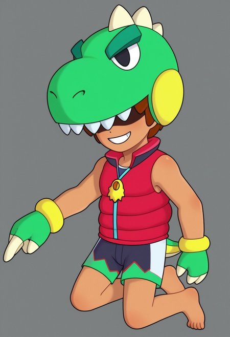Dino Leon: Leon, solo, smile, brown hair, 1boy, dino leon, dinosaur hat, sleeveless, red vest, red color vest, Dino Leon: Leon, solo, smile, brown hair, 1boy, dino leon, dinosaur hat, , sleeveless, red vest, grey short, human legs, covered eyes, barefoot((high_quality)), ((Super_Detailed)), cartoony, cartoon style, (by ardidon:1.2)