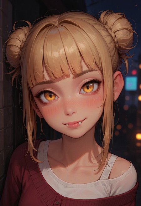 score_9_up, score_8_up, score_7_up, score_6_up, 1girl, 25 years old, perfect face, cute, petite,
detailed face, portrait, face focus, depth of field, looking at viewer, blush, shy smile, close up, 
fangs,
yellow eyes,
blonde hair, blunt bangs, sidelocks, hair bun, double bun, messy hair,
white shirt, brown cardigan, off shoulder,
night, city view, 
bags under eyes, closed mouth