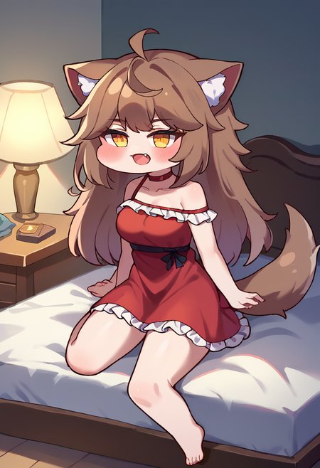 score_9,score_8_up,score_7_up,source_anime,zPDXL3,bedroom, on bed, 
*//*,<lora:Trickal_Revive-Pony:1>,chibi,full body,1girl,medium breasts,skin fang,
brown hair,straight hair,long hair,wolf ears,wolf tail,bare shoulders,
red sleeveless,red tank dress,shoulder strap,white frills,
*//*,