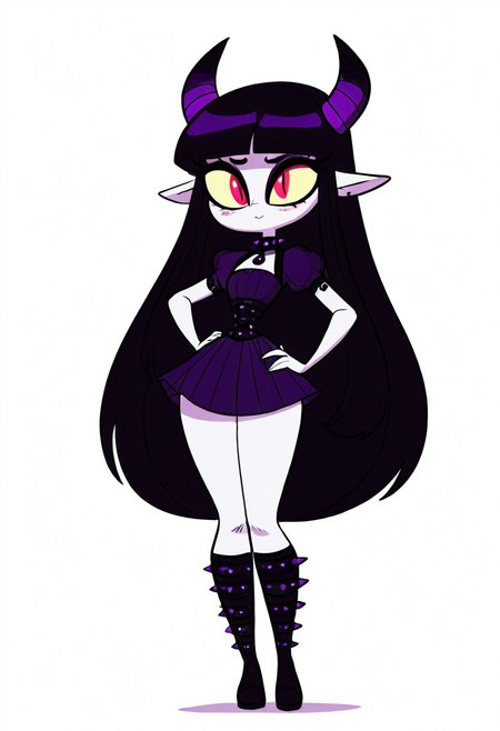 (masterpiece, best quality, good quality, very aesthetic, absurdres, newest:1.2),    1girl, solo, eyelashes, (beautiful eyes),   1girl, solo, long hair, black hair, purple and black hair, looking at viewer, horns, pointy ears, bangs, blunt bangs, slit pupils, yellow sclera, grey skin, makeup, eyeshadow, black lips, purple dress, black boots, knee boots, spikes, spiked collar, gothic, standing, full body, simple background, white background   ,      <lora:VampieNAI:0.8>, smile, hand on hip,  <lora:Diives_NAI:1.0>,