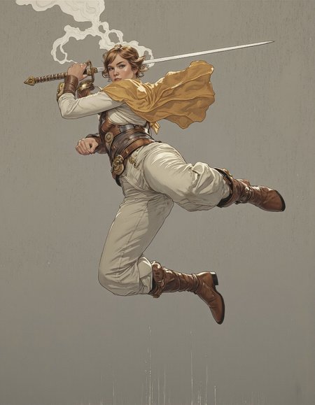 By Phandigrams. A digital illustration shoot from below about a dynamic pose of a woman engaged in a sword fighting stance, wearing a brown and gold outfit with white pants and brown boots. in the middle of the image, a woman with fair skin, brown hair styled in a bun, and a determined expression, who appears to be in mid-air, is facing the viewer and looking directly at them. she is positioned in the center of the frame, holding a sword in her right hand and positioned in a dynamic stance, with her left leg extended forward and her right leg bent at the knee. her arms are outstretched and she has a determined look on her face. the background is a plain grey textured surface, giving the image a modern and minimalist aesthetic. the style is reminiscent of comic book art, with bold lines and vibrant colors that bring out the character's striking features.