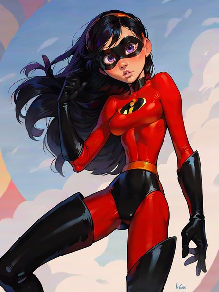 <lora:Violet Parr:0.4> vio_p, 1girl, slender body, fair skin, pink lips, bluish-purple eyes, long straight hair, black hair, supersuit, black eye mask, orange headband, red unitard,  orange belt, black gloves, black bottoms, thigh-high black boots,
 <lora:incase_v14:0.9> breasts, female, score_9, score_8_up, score_7_up,