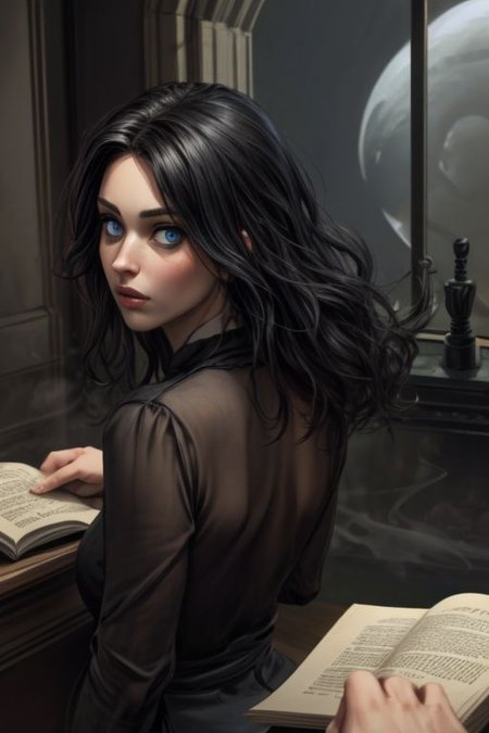 1girl,  black hair, blue eyes, small perfect round breast, amazing pert butt, long hair, a  closer view, pov, OverallDetail, easynegative, cdetailed face, dark theme, mysterious atmosphere, with a haunting, mist,  ghosts are flying around, shrouded and darkness, tall female, art, <lora:wolong_v1-000012:0.4> close up, black dress, at home, sitting near the fireplace, big window, holds in his hands a book from which light emanates
