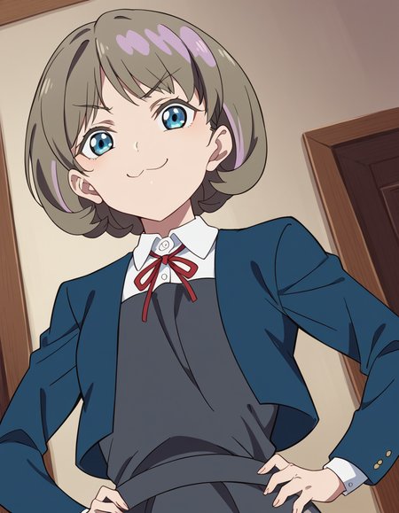 score_9, score_8_up, score_7_up, source_anime, <lora:keke-tang-s2-ponyxl-lora-nochekaiser:1>, keke tang, short hair, blue eyes, grey hair, multicolored hair, streaked hair,, shirt, dress, ribbon, school uniform, jacket, white shirt, open clothes, collared shirt, open jacket, red ribbon, neck ribbon, blue jacket, pinafore dress, grey dress, yuigaoka school uniform,, indoors, smug, smile, looking at viewer, solo, hands on hips,, cowboy shot, dutch angle