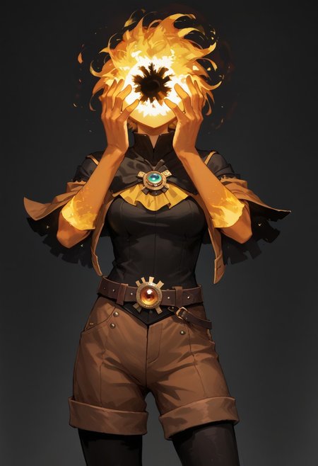 score_9, score_8_up, score_7_up,
lord_of_frenzy, fire head,
novakin, faceless, no eyes, no mouth, no nose, no facial features, short fiery yellow orange hair, body made of black plasma,
open hands, hands on face front,
hands on own head, 
shaft head tilt,
magical girl outfit, steampunk dress, boots, (brown shorts:1.1), black tights, medium breasts, belt,
simple background, grey background,