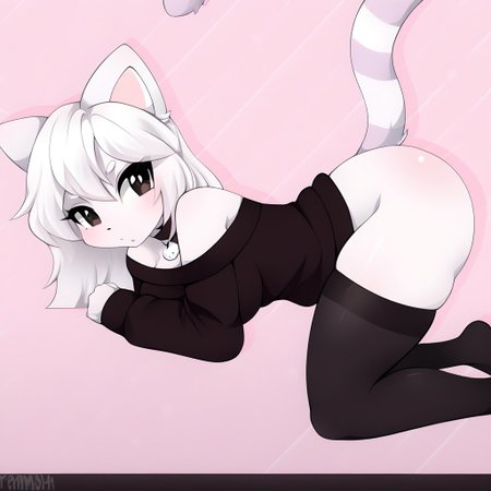 Naomi,  large eyes with gradient colors of pink, wearing an off-the-shoulder black sweater with a small heart detail, fur with light stripes, a choker necklace with a cute charm, cat tail, tail, 1tail, animal tail, black eyes, white skin, white hair, furry, perfect quality, masterpiece, best quality, 4K, Black stockings,Serious face, tall, 25 years , 
top-down bottom-up
from behind
ass
doggystyle
<lora:PonyMinimalStyle:1>,