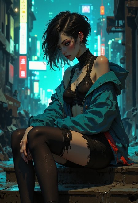 hyperrealistic digital painting by J. Scott Campbell and Thomas Saliot and Jeremiah Ketner and Lois van Baarle, lifelike anime, incredibly detailed, bokeh, ultra realistic, 8k, incredibly beautiful and exotic 20 year old Japanese woman, dark pixie cut hair with asymetric bangs, dark beautiful eyes, eyeliner, double lids, dramatic eyeshadow makeup, blush, medium breasts, round hips. She sits on a dirty set of stairs outside of a dilapidated apartment building, moody light. In the distance the neon colored glowing lights of a dystopian future megacity.  light fog  lingers, there is a hint of sadness. into the light of the background. She wears torn fishnet stockings, and an open plain back jacket a back frayed bra and bare midriff under. Quarter side view. Cowboy shot. Perfect hands, perfect anatomy, hyperrealistic
